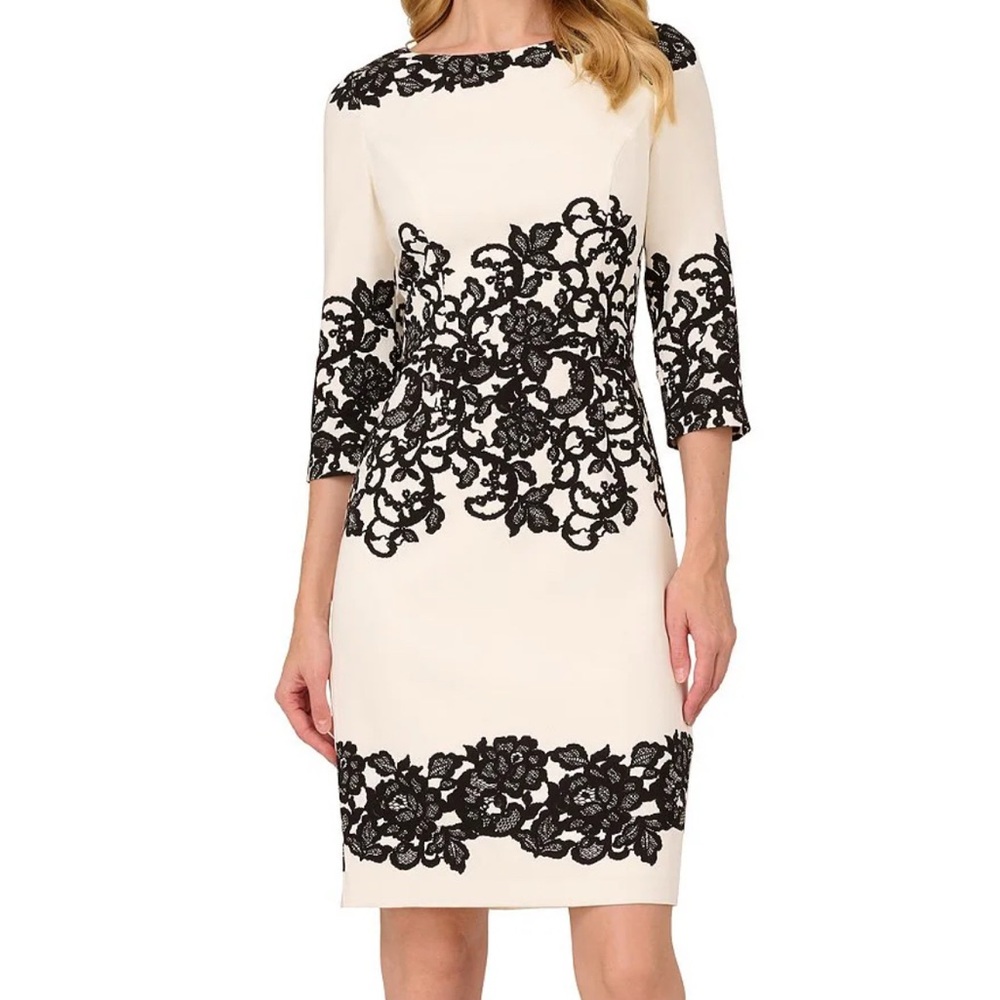 Adrianna Papell Black and Cream Floral Lace Dress